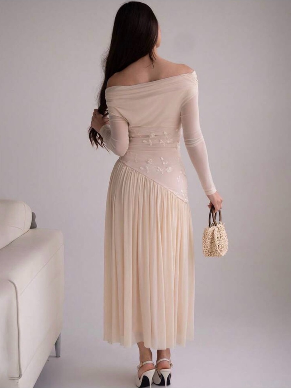 SHEIN Strapless Off-Shoulder Long Cream Dress
